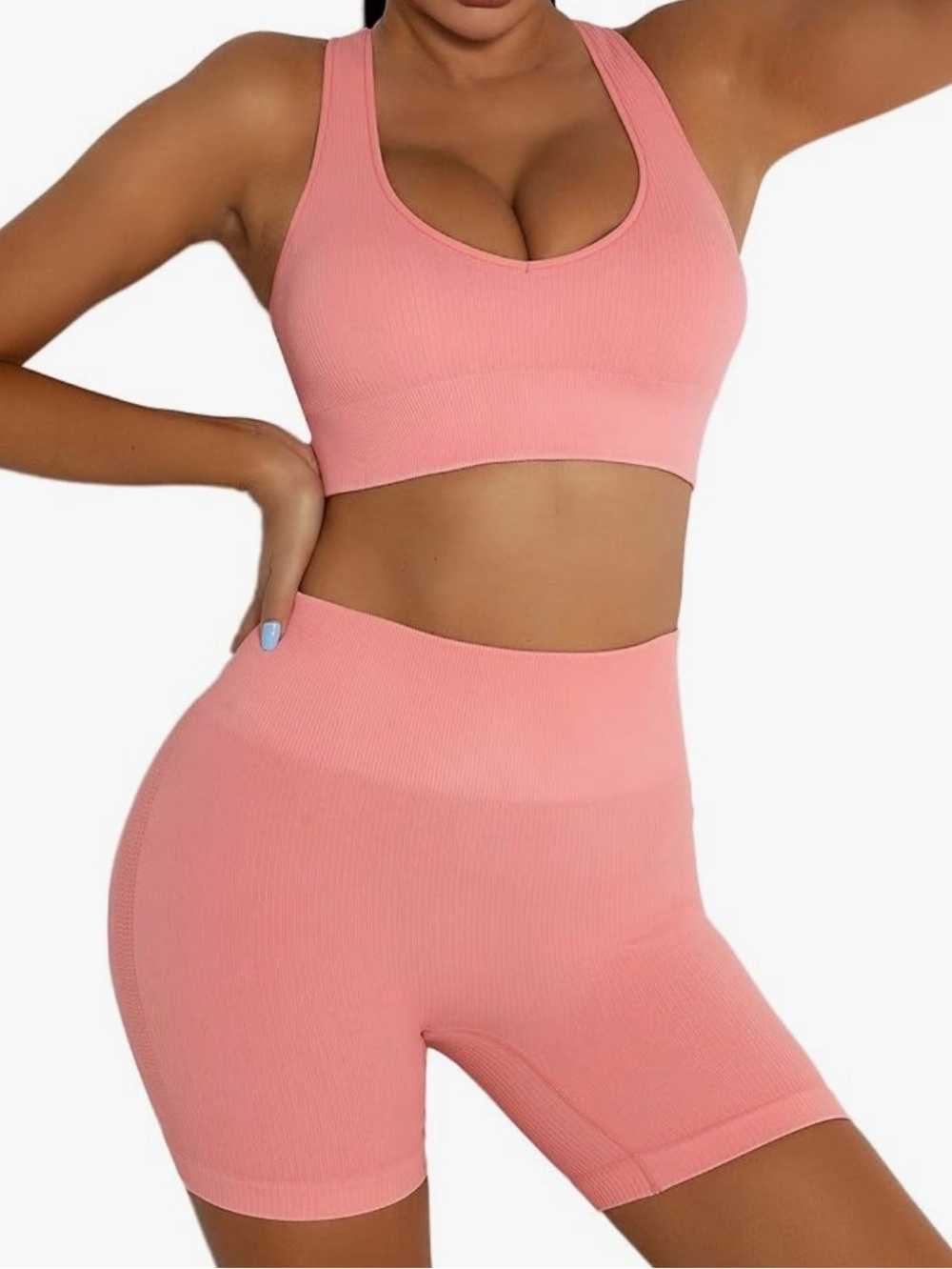 Seamless Ribbed V-Neck Sports Bra & High-Waist Bike Shorts Sets (2 Sets) Size S